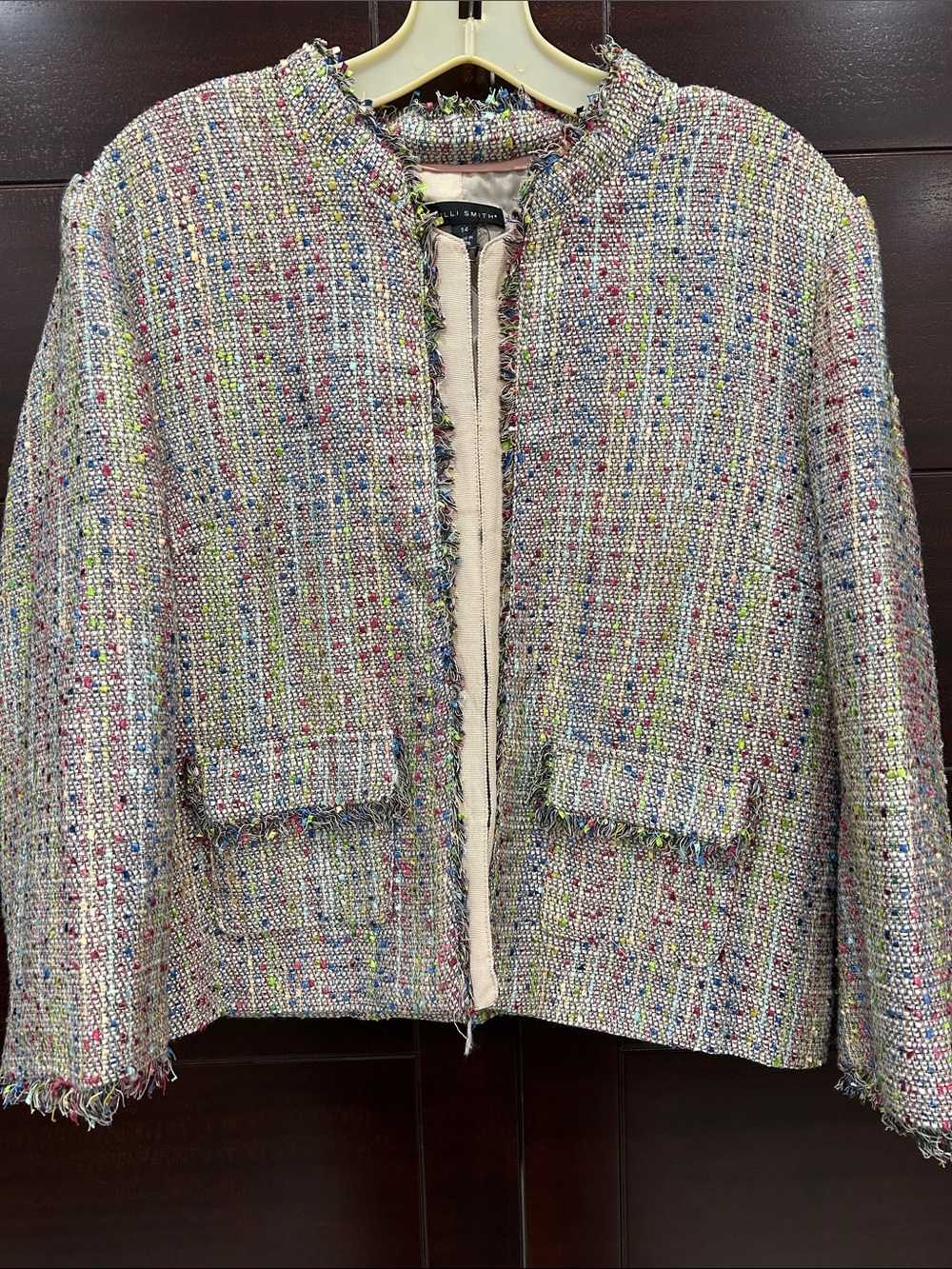 Tweed Boxy Jacket in Multi with hook and eye closures on adorable ribbon